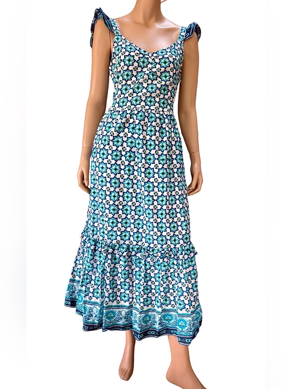 Haute Hippie Style Mediterranean Print 100% Cotton Lined Maxi Dress S NEW 💙